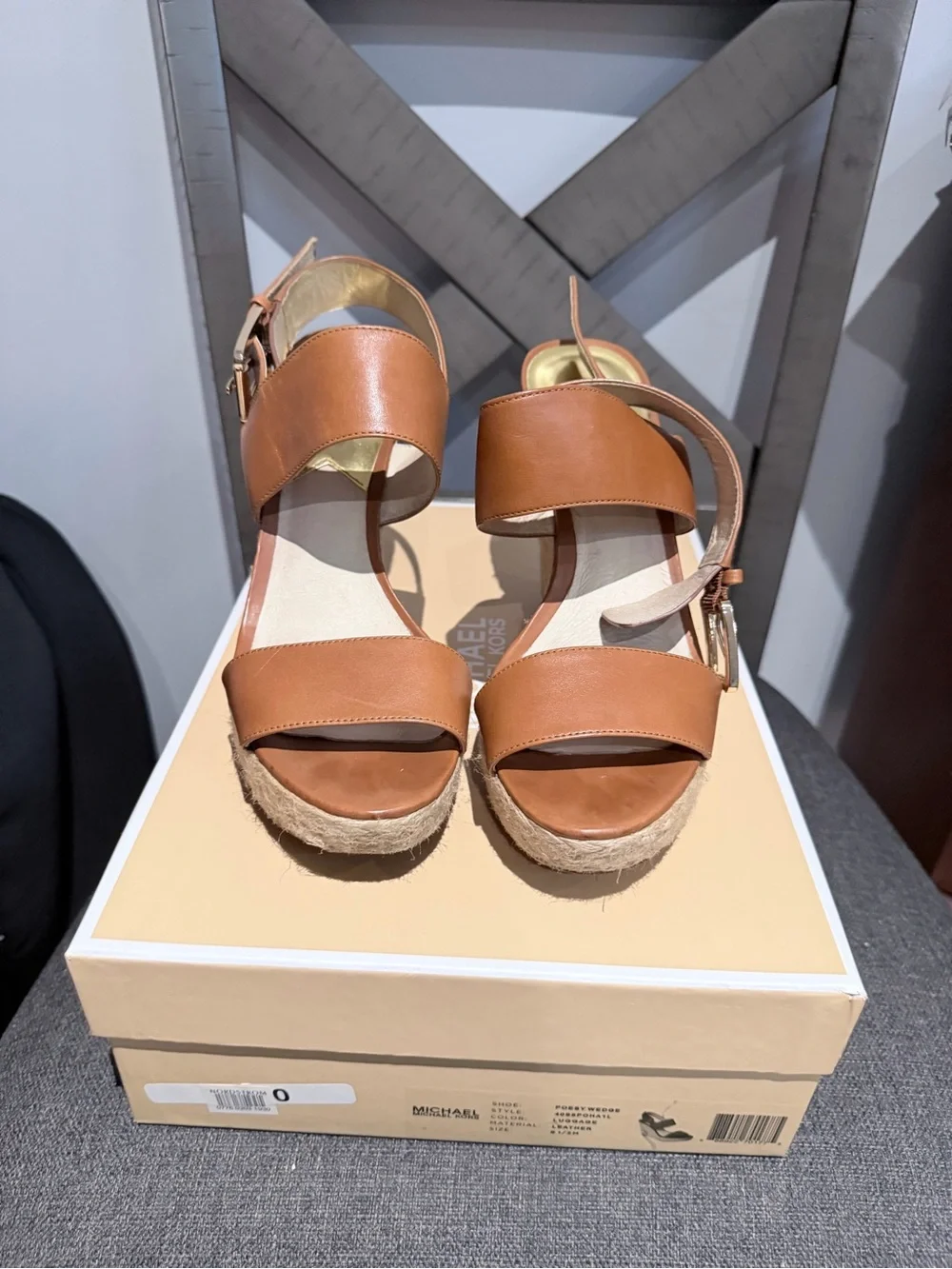 Michael Kors Cognac Leather Espadrille Wedge Sandals
